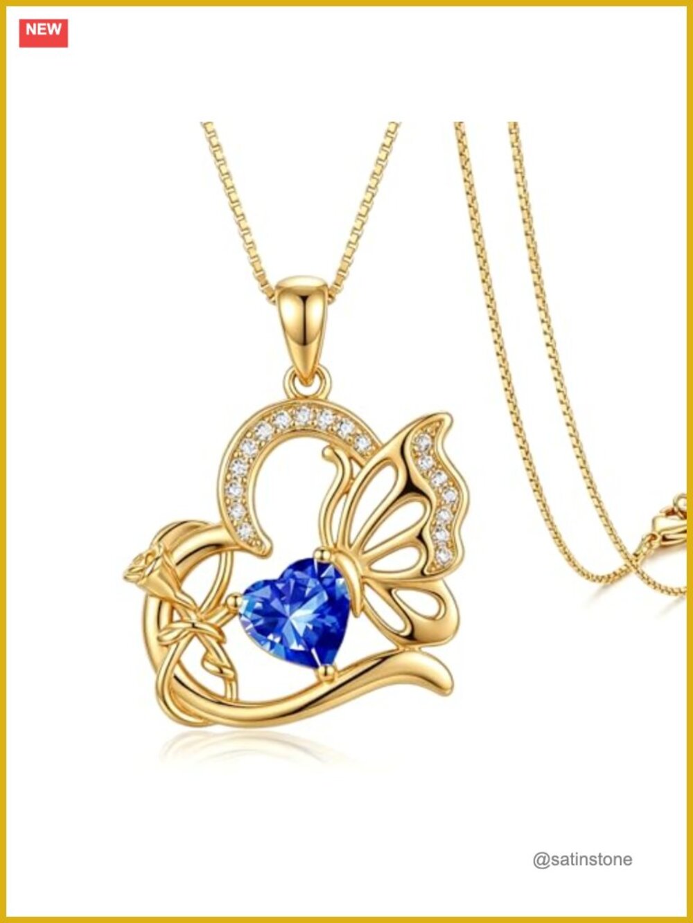 14K Gold Plated Heart Butterfly Birthstone Pendant Necklace 18+2 Inch